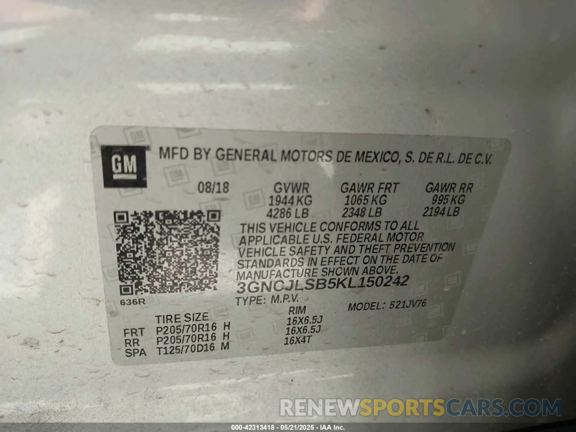 9 Photograph of a damaged car 3GNCJLSB5KL150242 CHEVROLET TRAX 2019