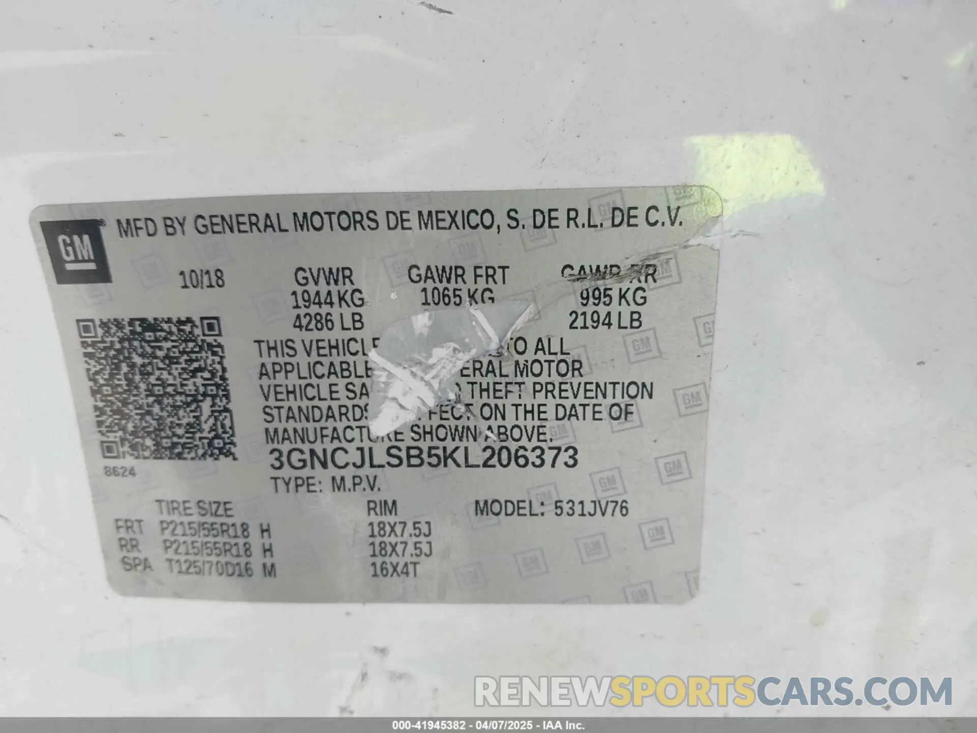 9 Photograph of a damaged car 3GNCJLSB5KL206373 CHEVROLET TRAX 2019