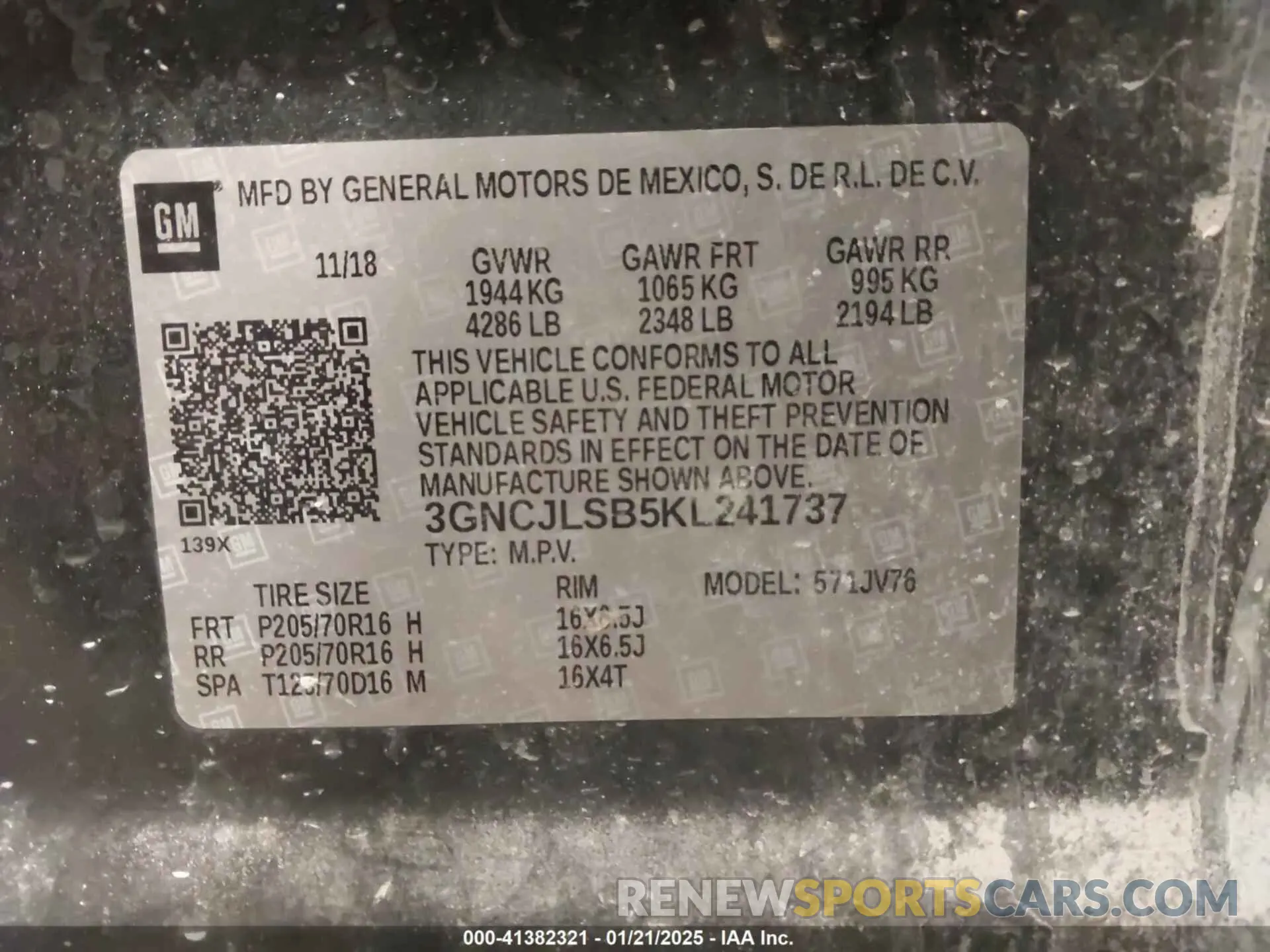 9 Photograph of a damaged car 3GNCJLSB5KL241737 CHEVROLET TRAX 2019