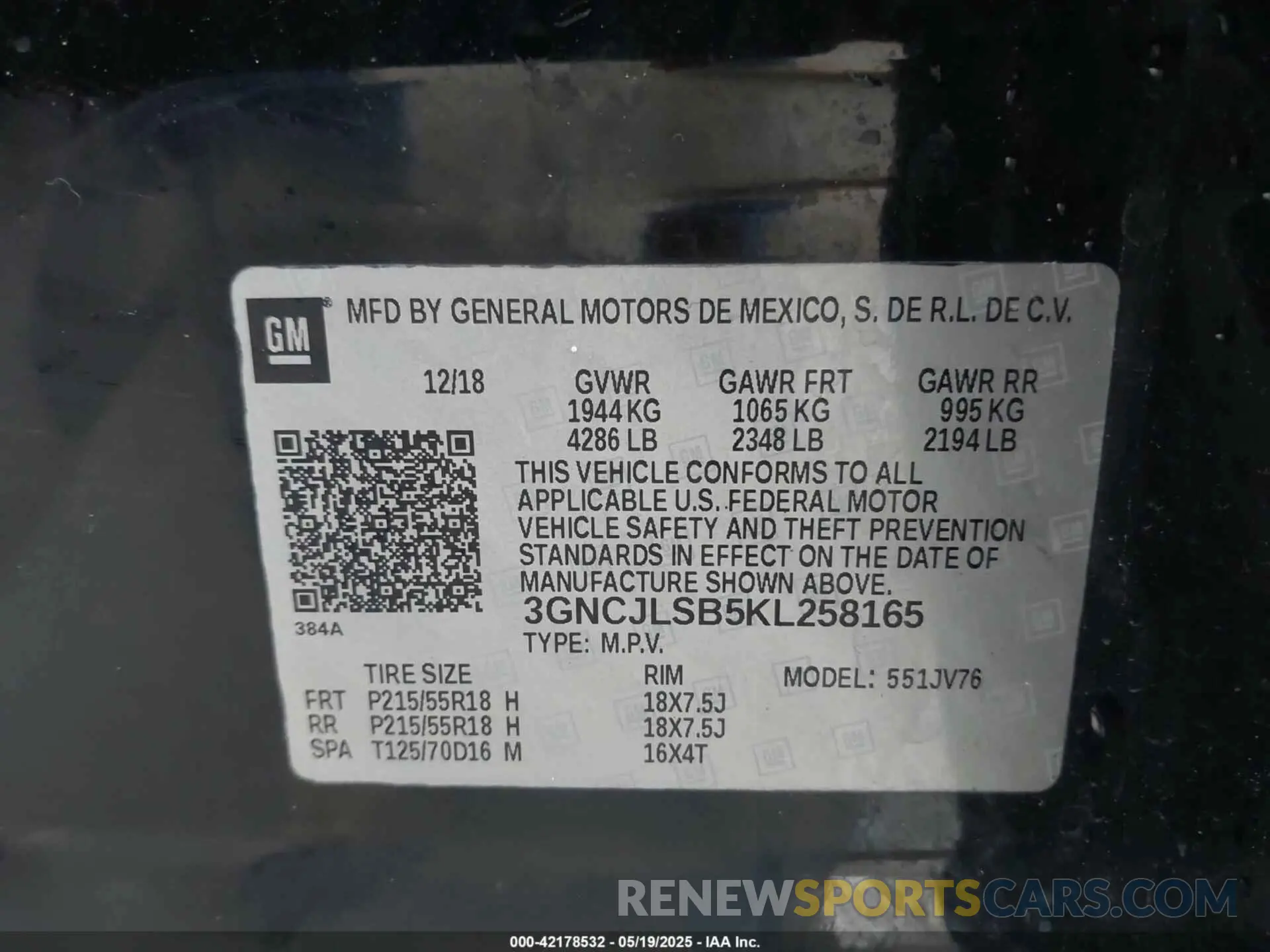 9 Photograph of a damaged car 3GNCJLSB5KL258165 CHEVROLET TRAX 2019
