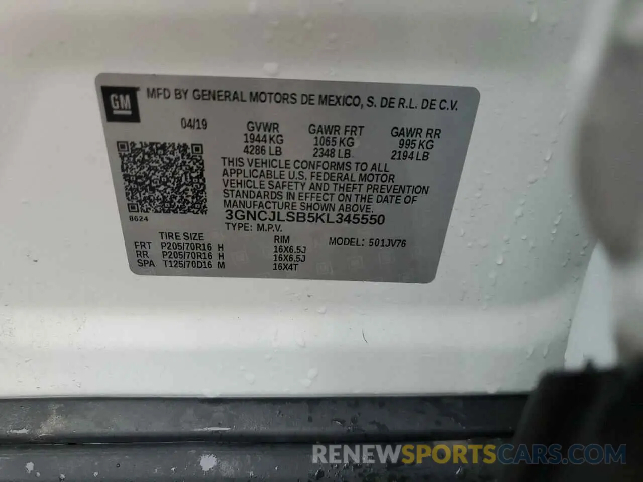 13 Photograph of a damaged car 3GNCJLSB5KL345550 CHEVROLET TRAX 2019