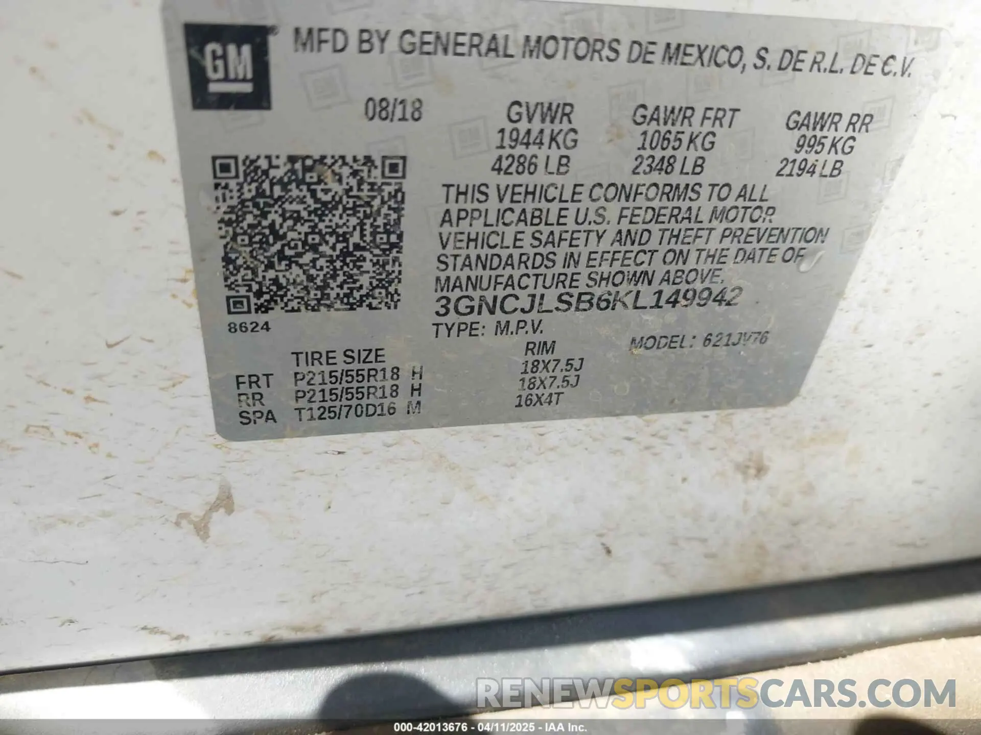 9 Photograph of a damaged car 3GNCJLSB6KL149942 CHEVROLET TRAX 2019