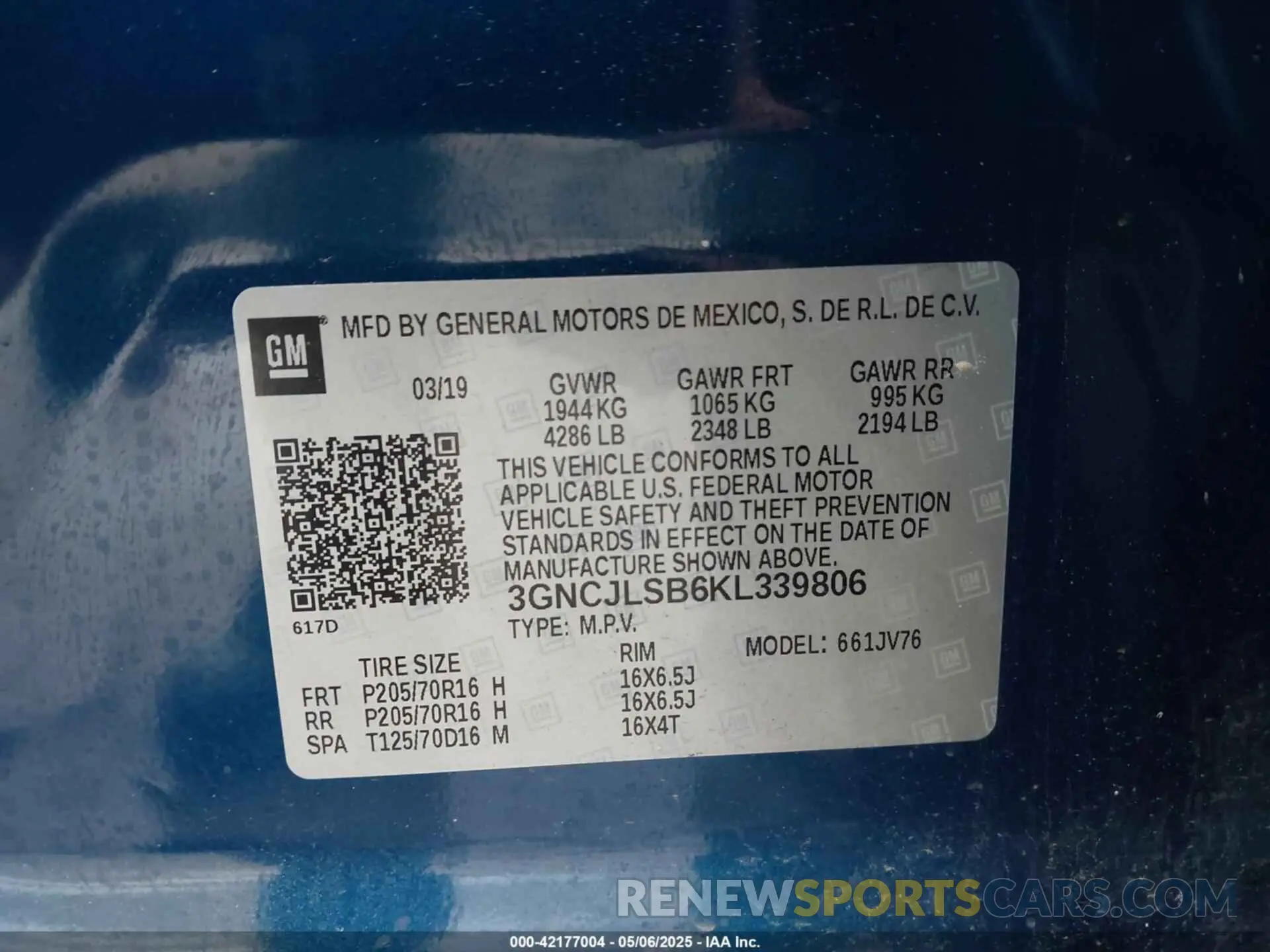 9 Photograph of a damaged car 3GNCJLSB6KL339806 CHEVROLET TRAX 2019