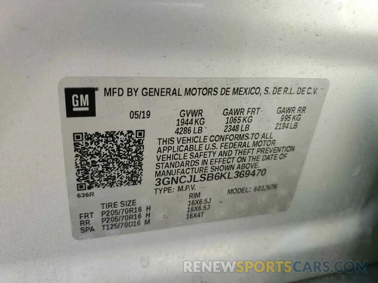 12 Photograph of a damaged car 3GNCJLSB6KL369470 CHEVROLET TRAX 2019