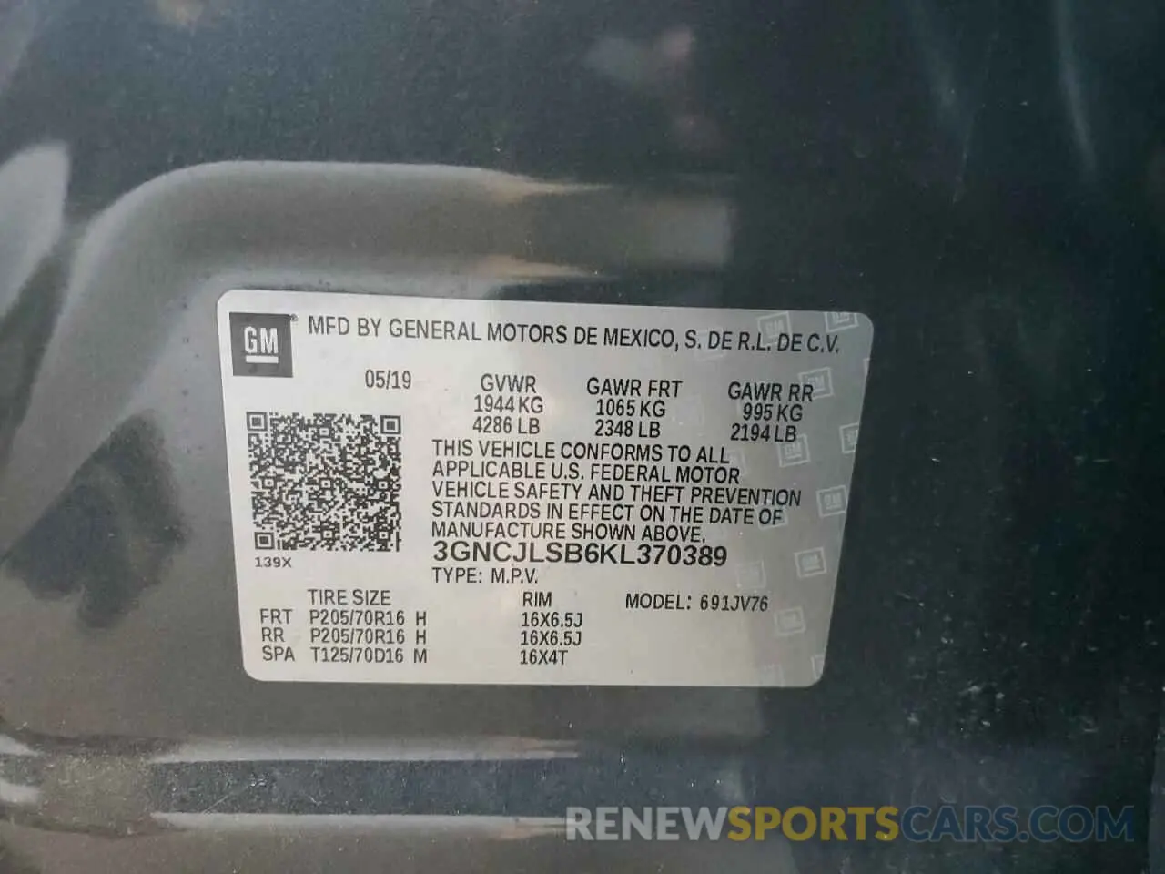 13 Photograph of a damaged car 3GNCJLSB6KL370389 CHEVROLET TRAX 2019