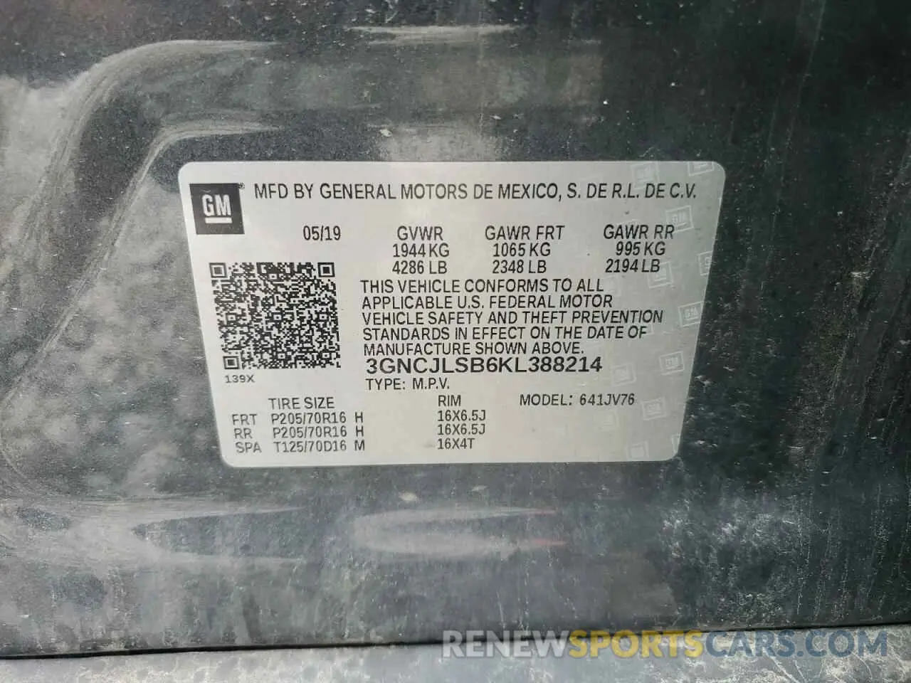 13 Photograph of a damaged car 3GNCJLSB6KL388214 CHEVROLET TRAX 2019