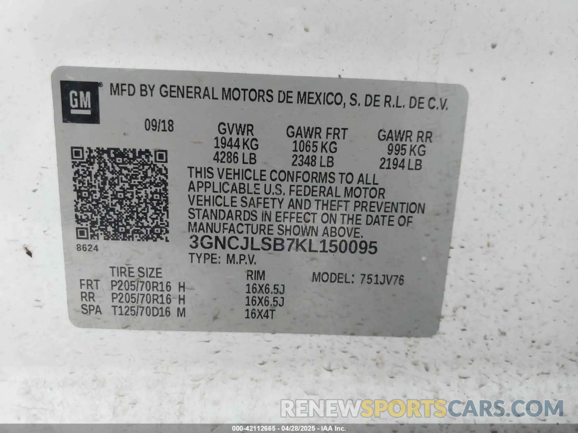 9 Photograph of a damaged car 3GNCJLSB7KL150095 CHEVROLET TRAX 2019