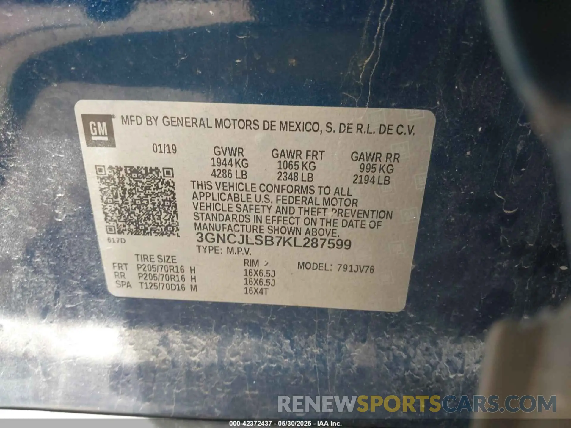 9 Photograph of a damaged car 3GNCJLSB7KL287599 CHEVROLET TRAX 2019
