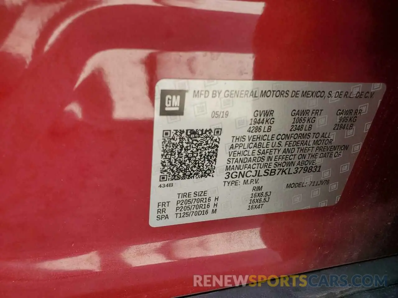13 Photograph of a damaged car 3GNCJLSB7KL379831 CHEVROLET TRAX 2019