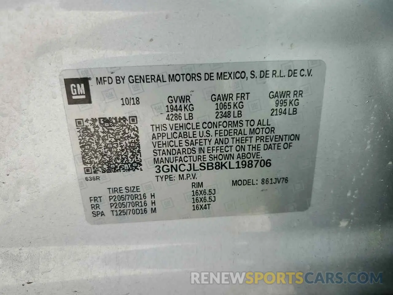 13 Photograph of a damaged car 3GNCJLSB8KL198706 CHEVROLET TRAX 2019