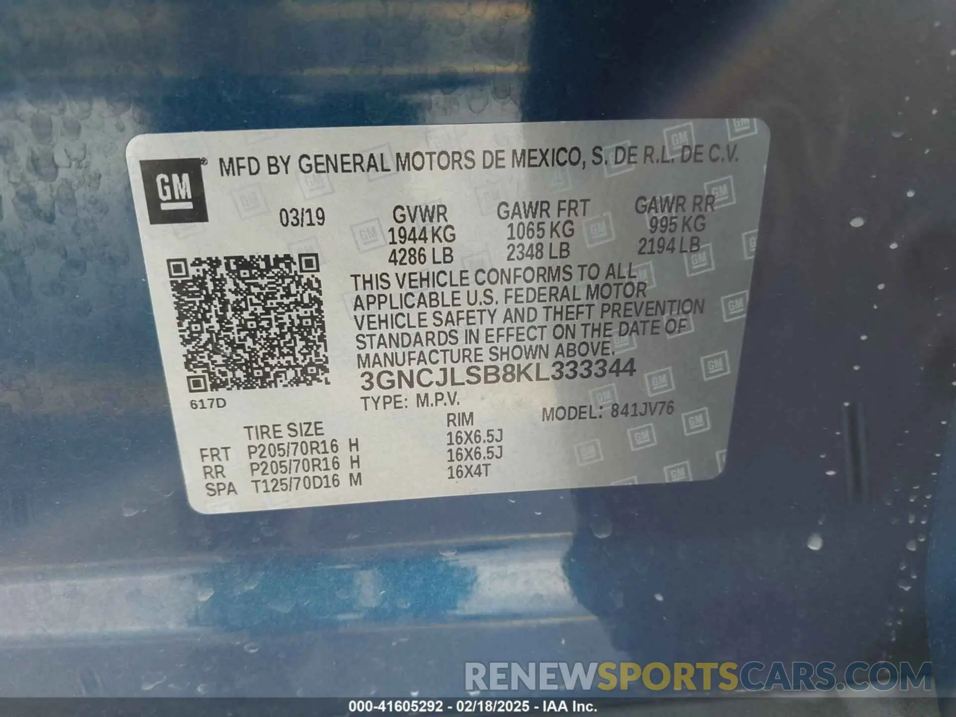 9 Photograph of a damaged car 3GNCJLSB8KL333344 CHEVROLET TRAX 2019