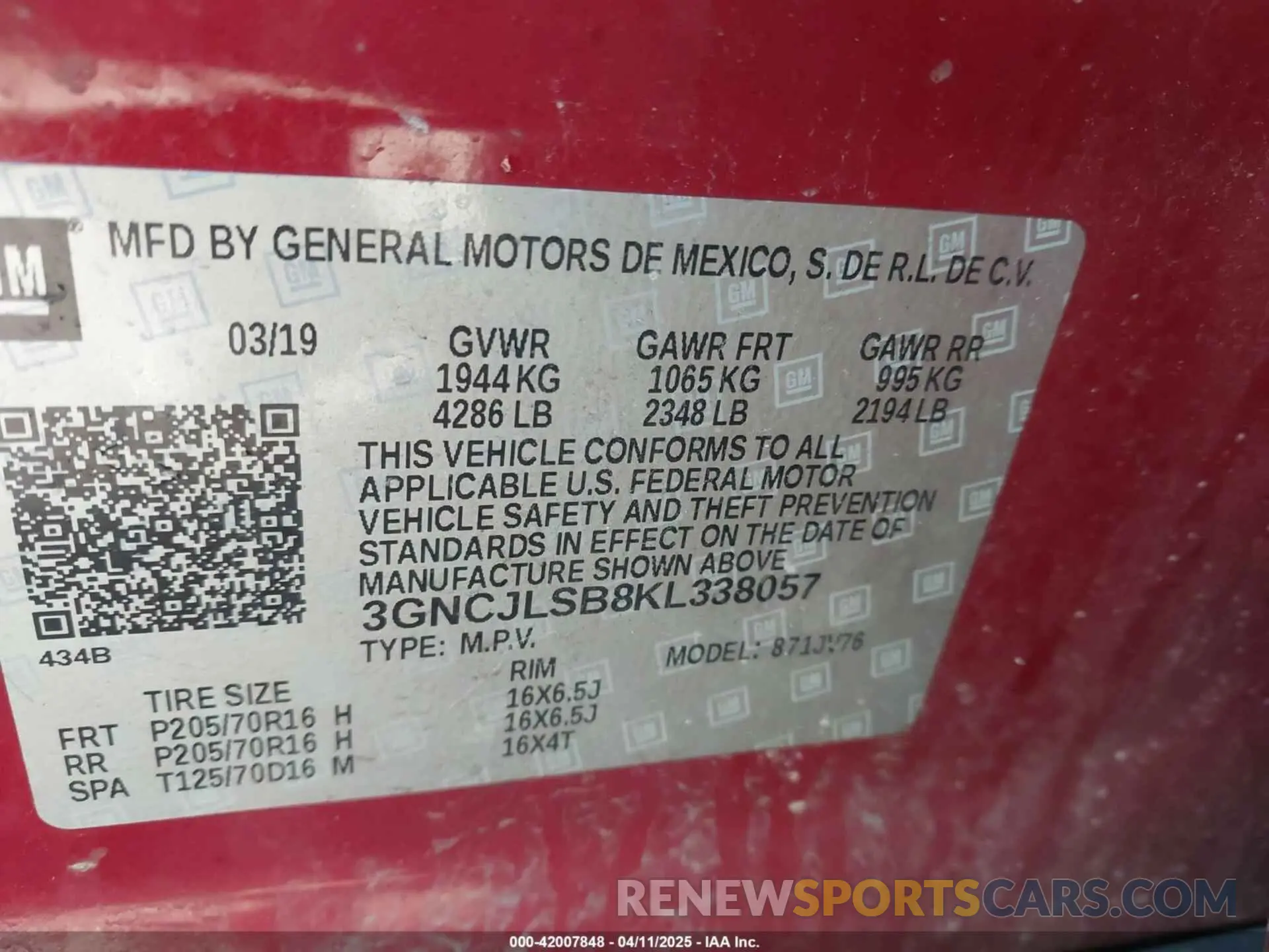 9 Photograph of a damaged car 3GNCJLSB8KL338057 CHEVROLET TRAX 2019