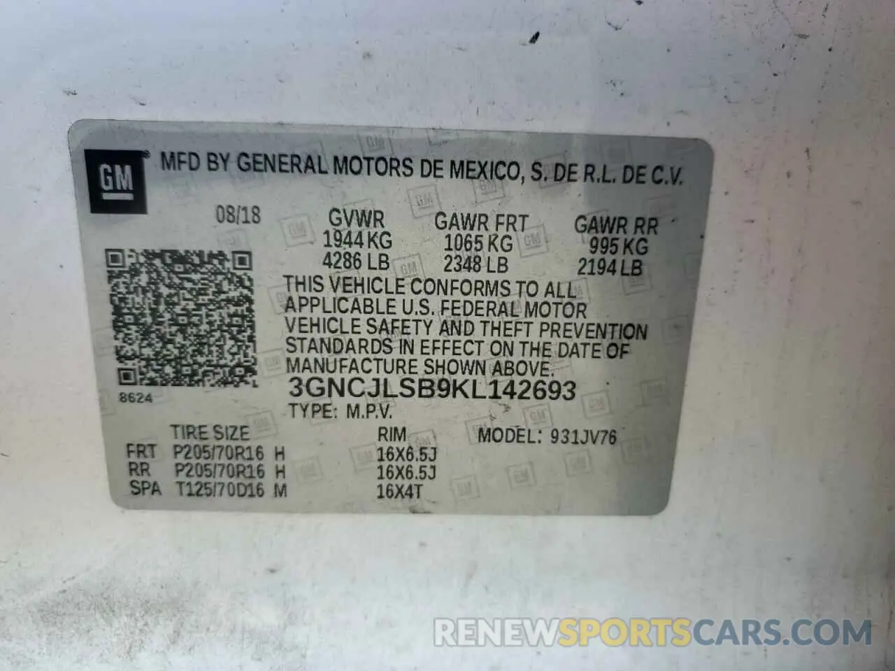 13 Photograph of a damaged car 3GNCJLSB9KL142693 CHEVROLET TRAX 2019