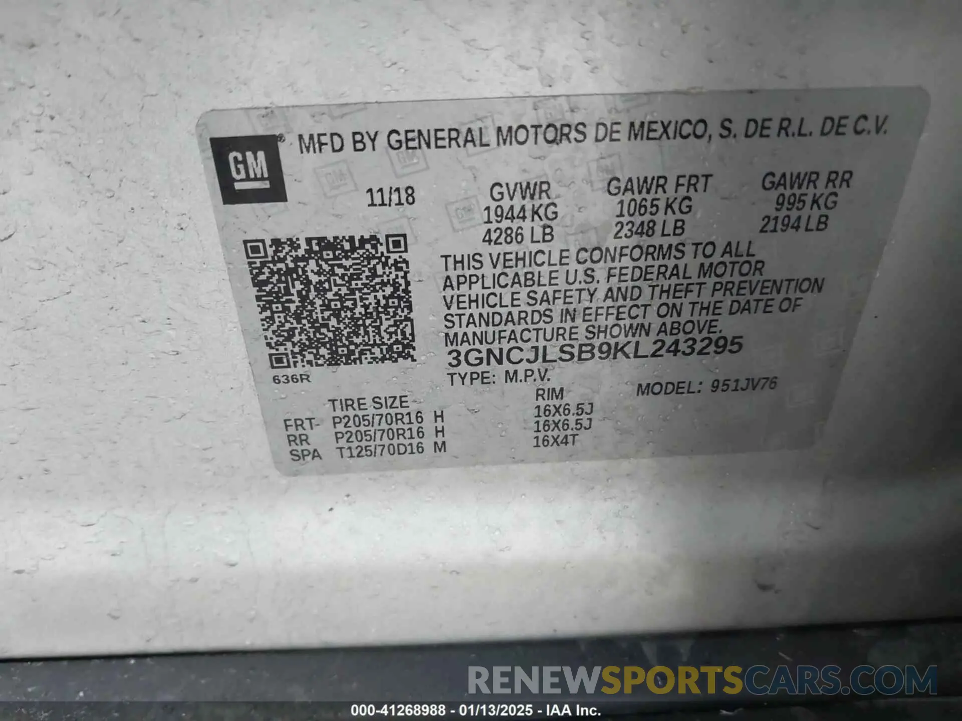 9 Photograph of a damaged car 3GNCJLSB9KL243295 CHEVROLET TRAX 2019