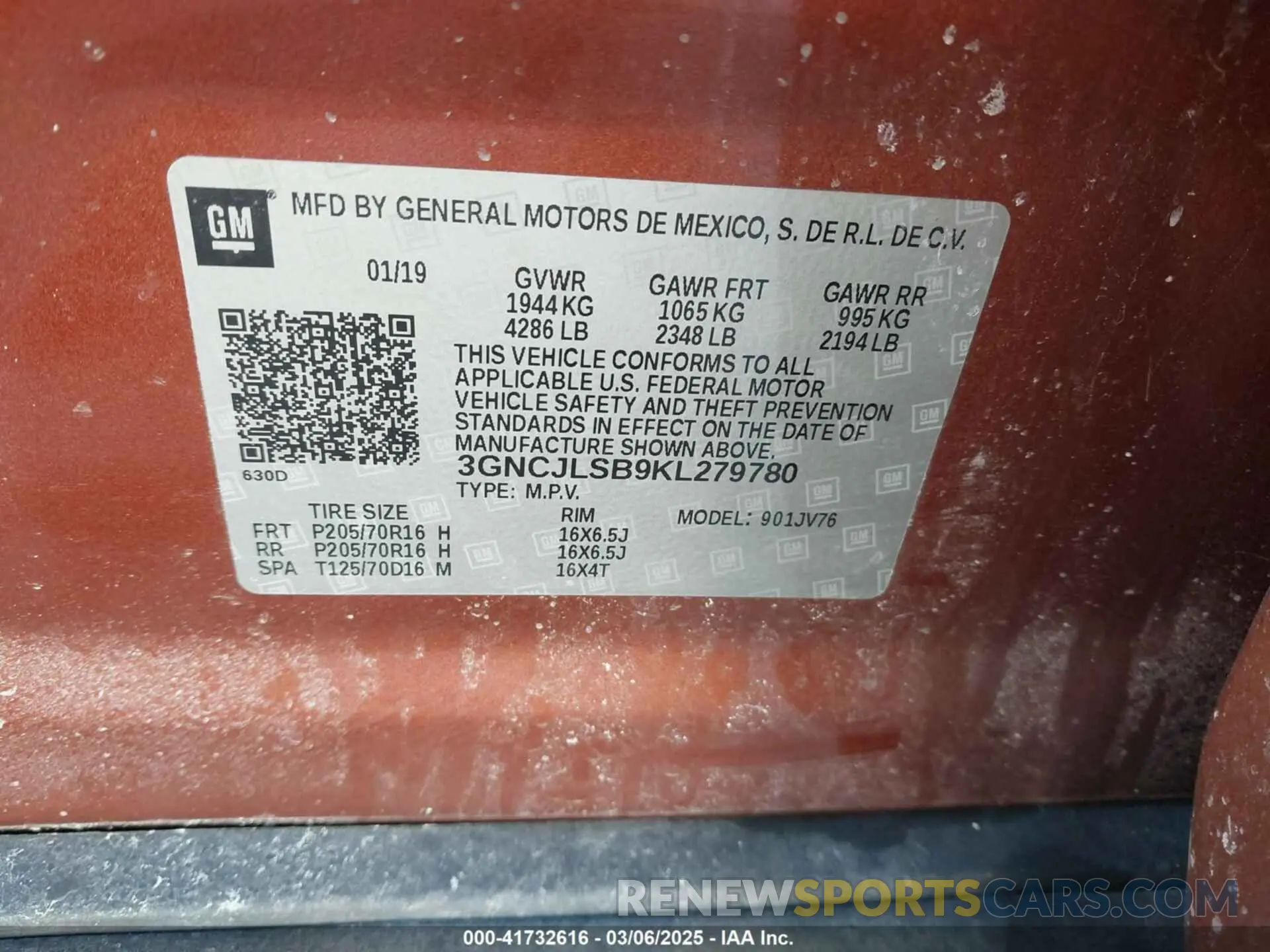 9 Photograph of a damaged car 3GNCJLSB9KL279780 CHEVROLET TRAX 2019