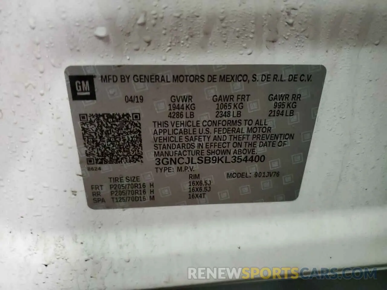 13 Photograph of a damaged car 3GNCJLSB9KL354400 CHEVROLET TRAX 2019
