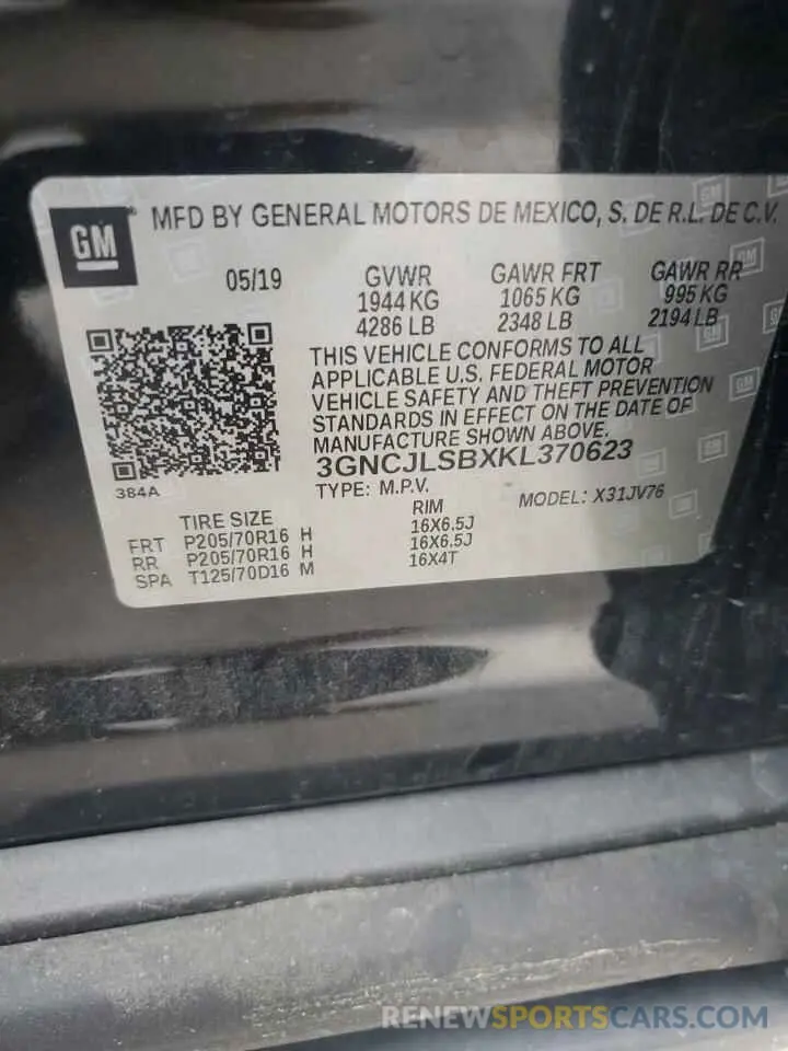 14 Photograph of a damaged car 3GNCJLSBXKL370623 CHEVROLET TRAX 2019
