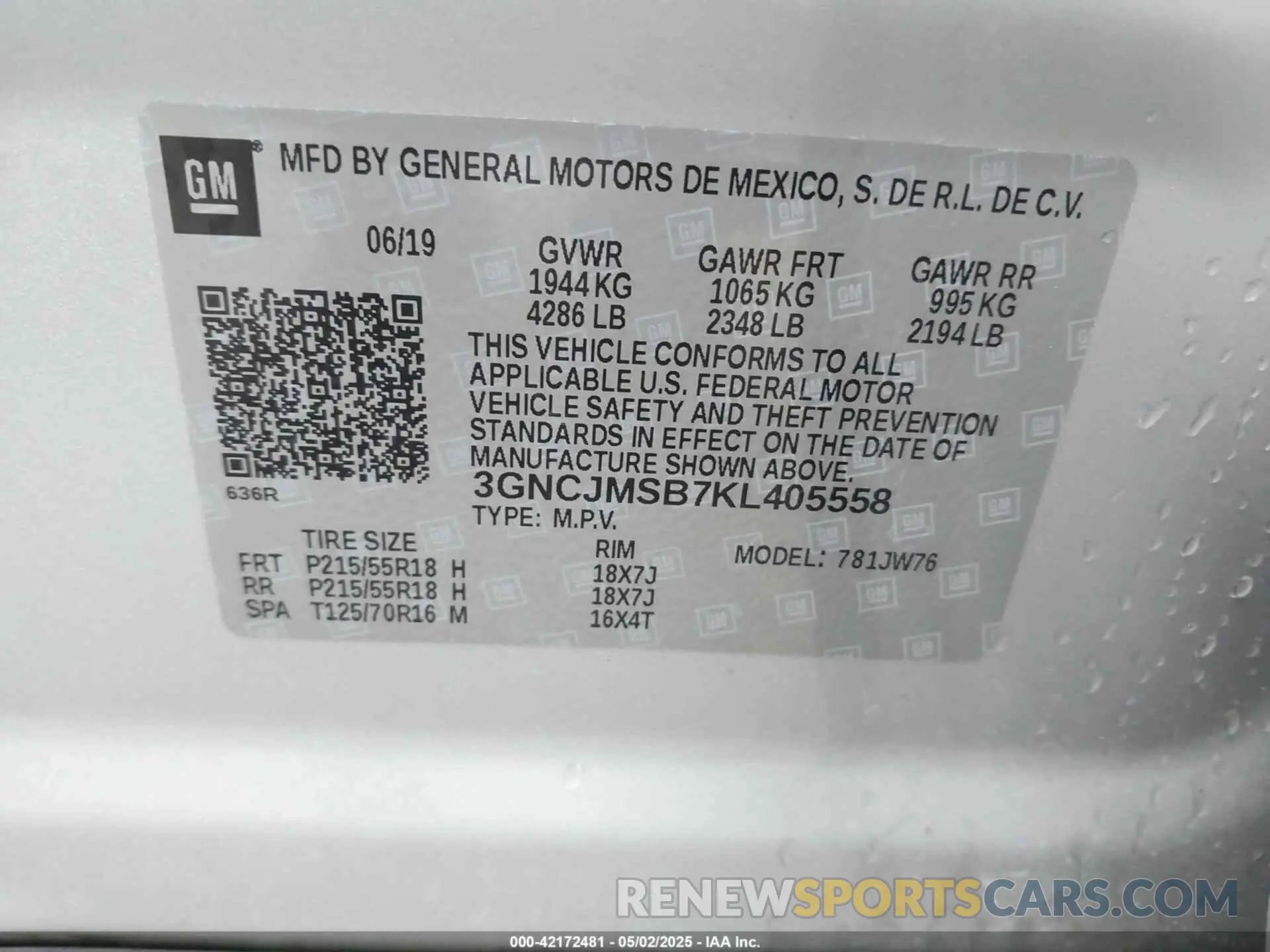 9 Photograph of a damaged car 3GNCJMSB7KL405558 CHEVROLET TRAX 2019
