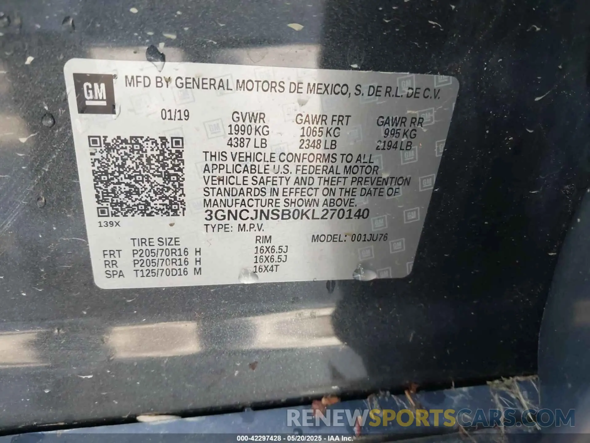 9 Photograph of a damaged car 3GNCJNSB0KL270140 CHEVROLET TRAX 2019