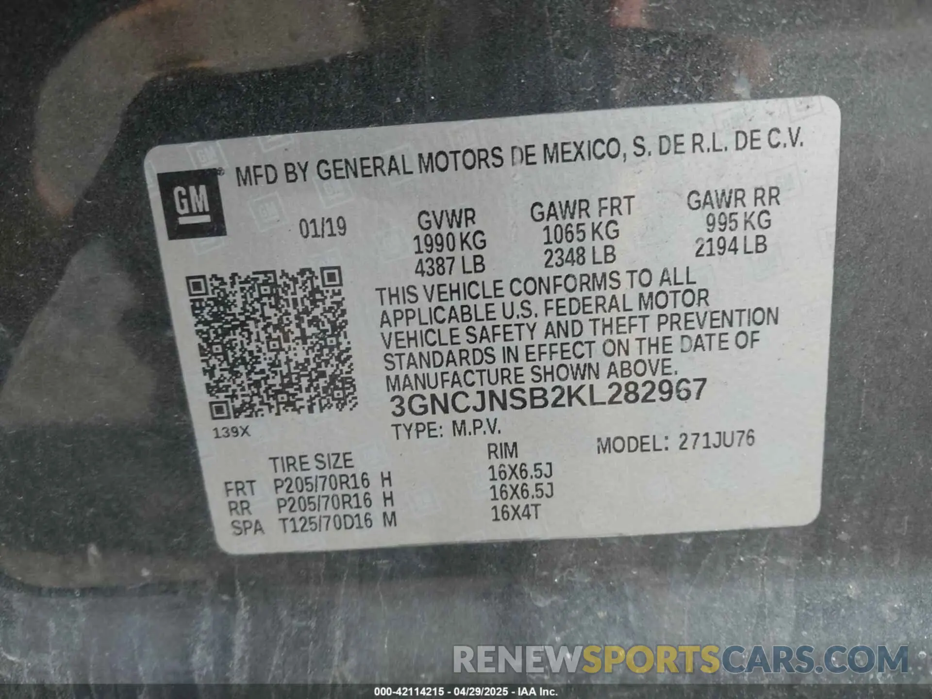 9 Photograph of a damaged car 3GNCJNSB2KL282967 CHEVROLET TRAX 2019