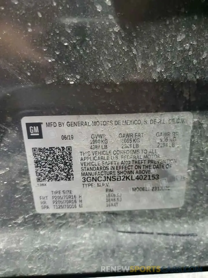 13 Photograph of a damaged car 3GNCJNSB2KL402153 CHEVROLET TRAX 2019