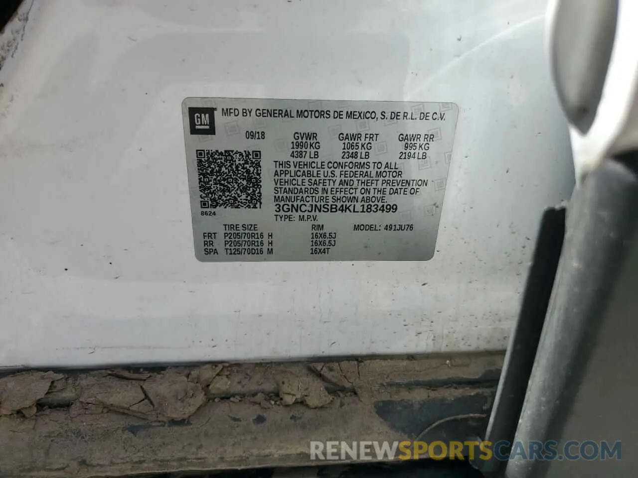 13 Photograph of a damaged car 3GNCJNSB4KL183499 CHEVROLET TRAX 2019
