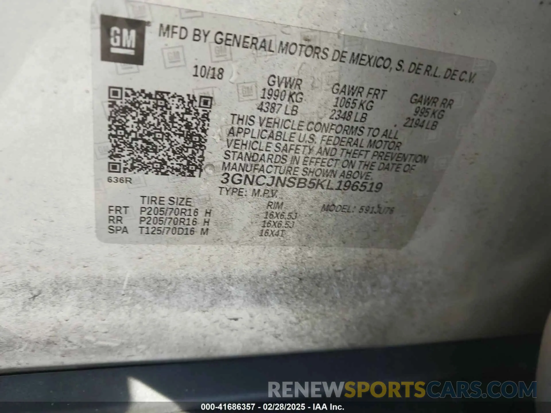 9 Photograph of a damaged car 3GNCJNSB5KL196519 CHEVROLET TRAX 2019