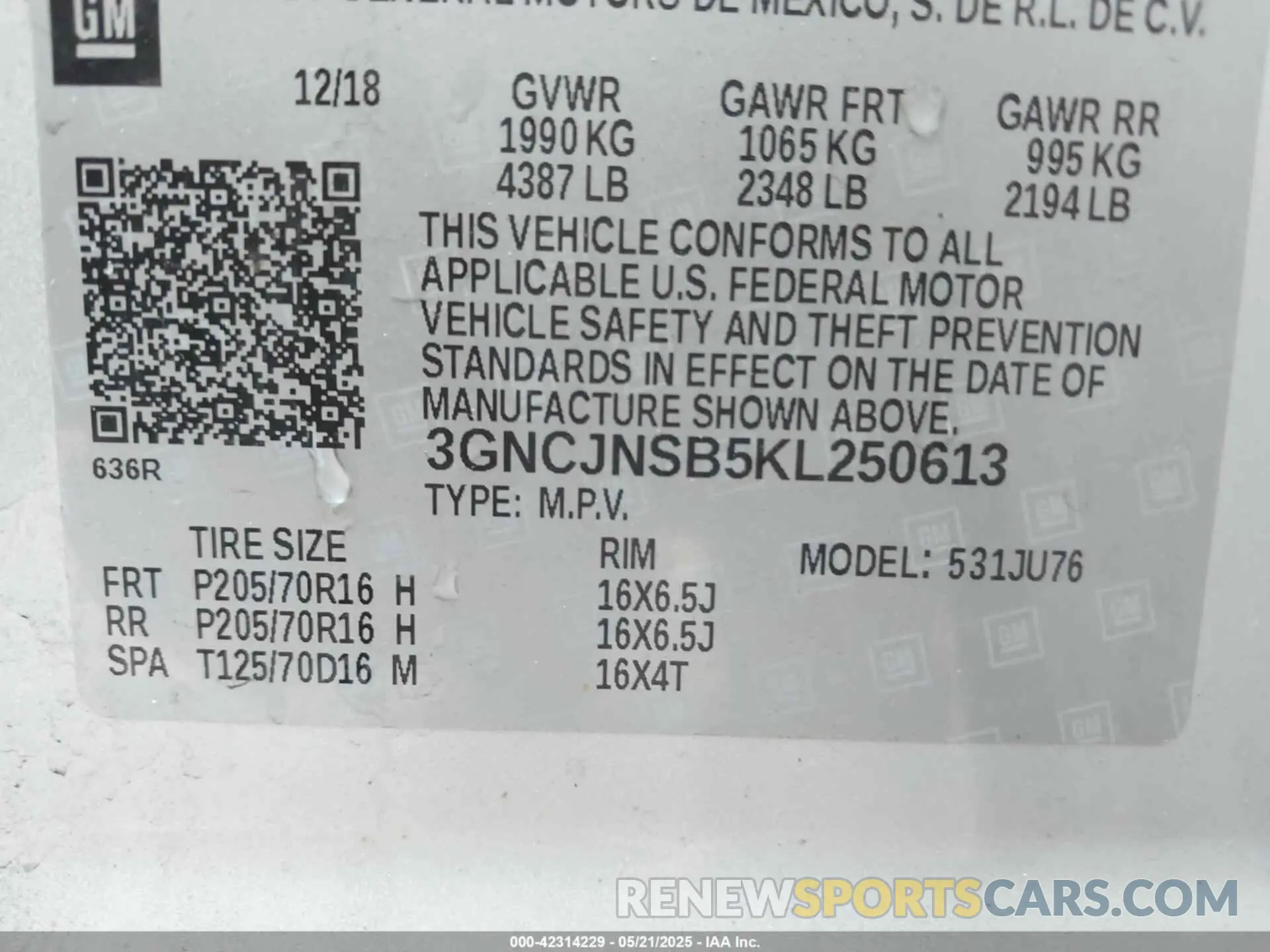 9 Photograph of a damaged car 3GNCJNSB5KL250613 CHEVROLET TRAX 2019