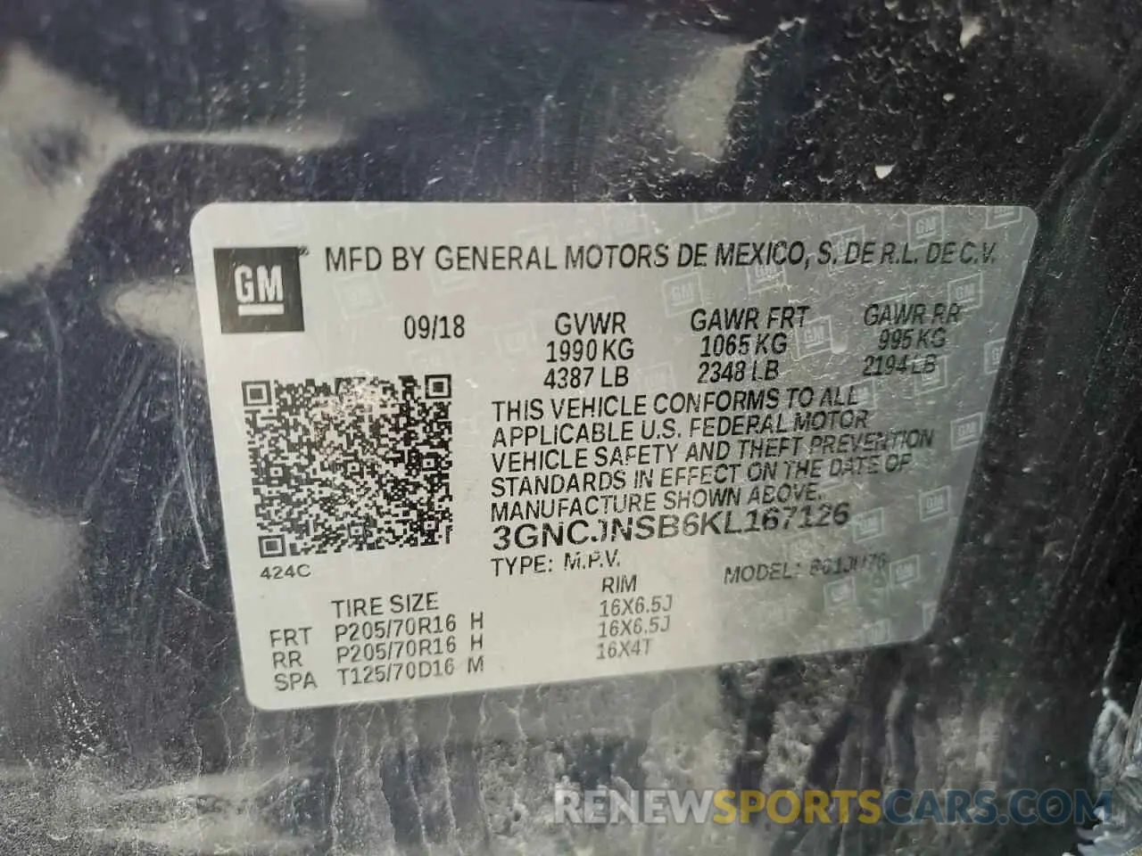 15 Photograph of a damaged car 3GNCJNSB6KL167126 CHEVROLET TRAX 2019