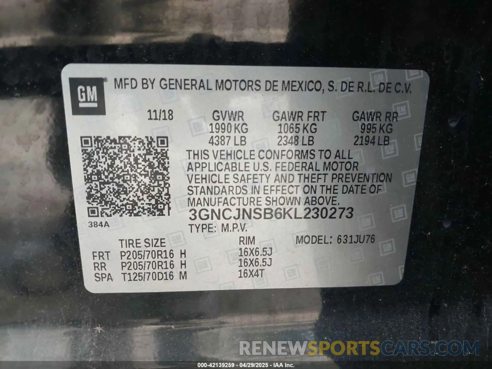 9 Photograph of a damaged car 3GNCJNSB6KL230273 CHEVROLET TRAX 2019