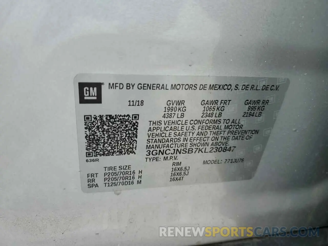 14 Photograph of a damaged car 3GNCJNSB7KL230847 CHEVROLET TRAX 2019