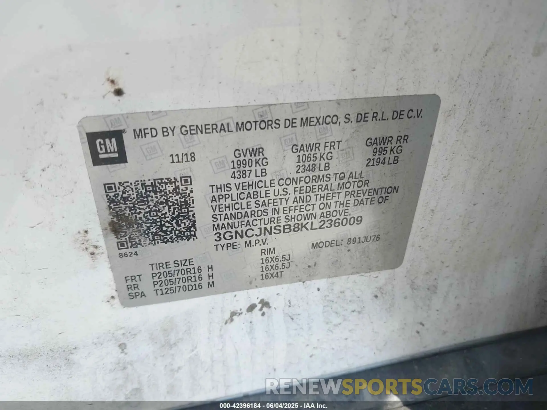 9 Photograph of a damaged car 3GNCJNSB8KL236009 CHEVROLET TRAX 2019