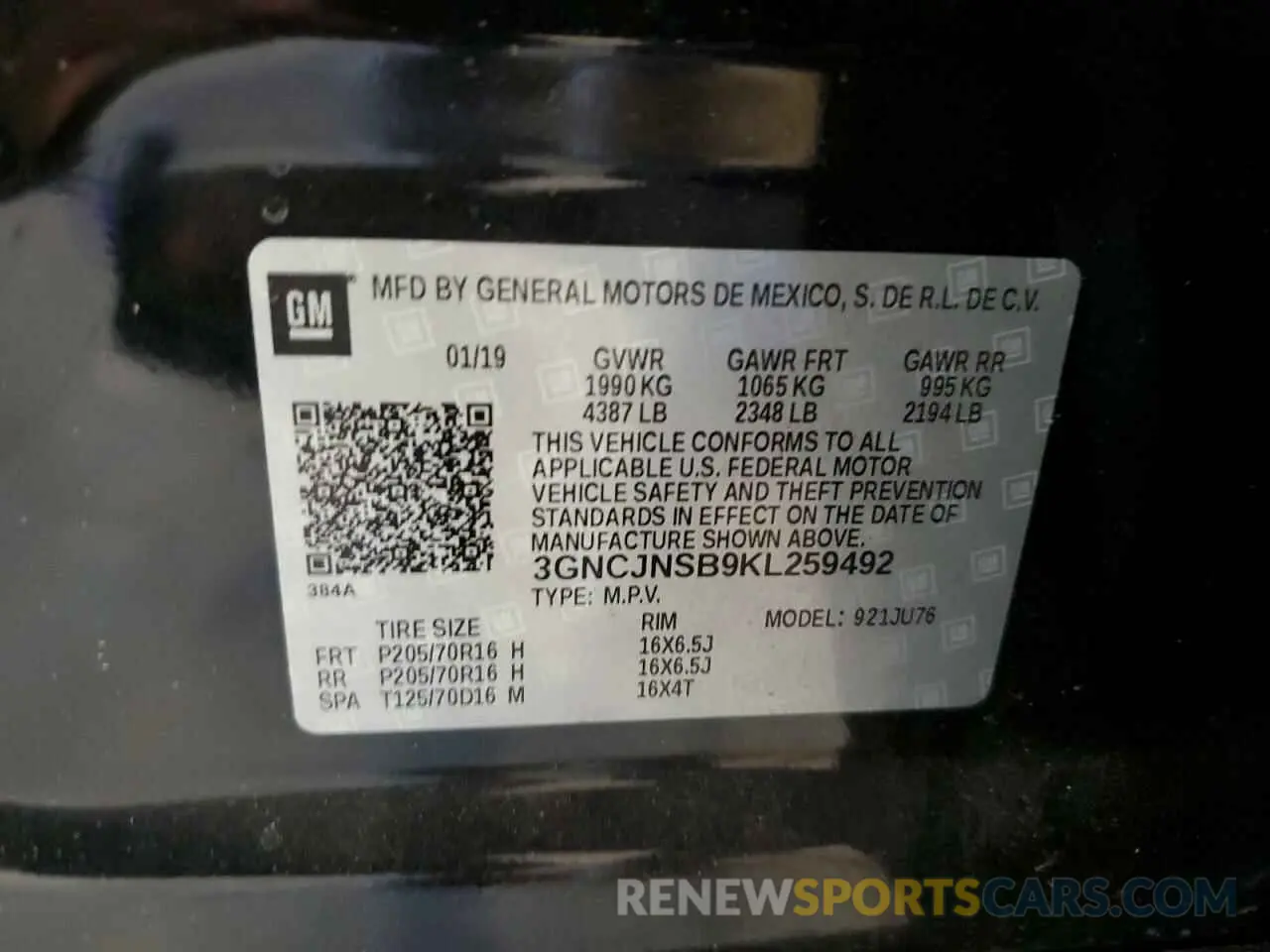 13 Photograph of a damaged car 3GNCJNSB9KL259492 CHEVROLET TRAX 2019