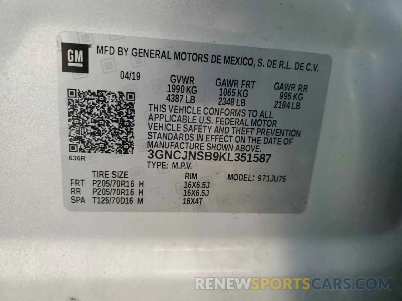13 Photograph of a damaged car 3GNCJNSB9KL351587 CHEVROLET TRAX 2019