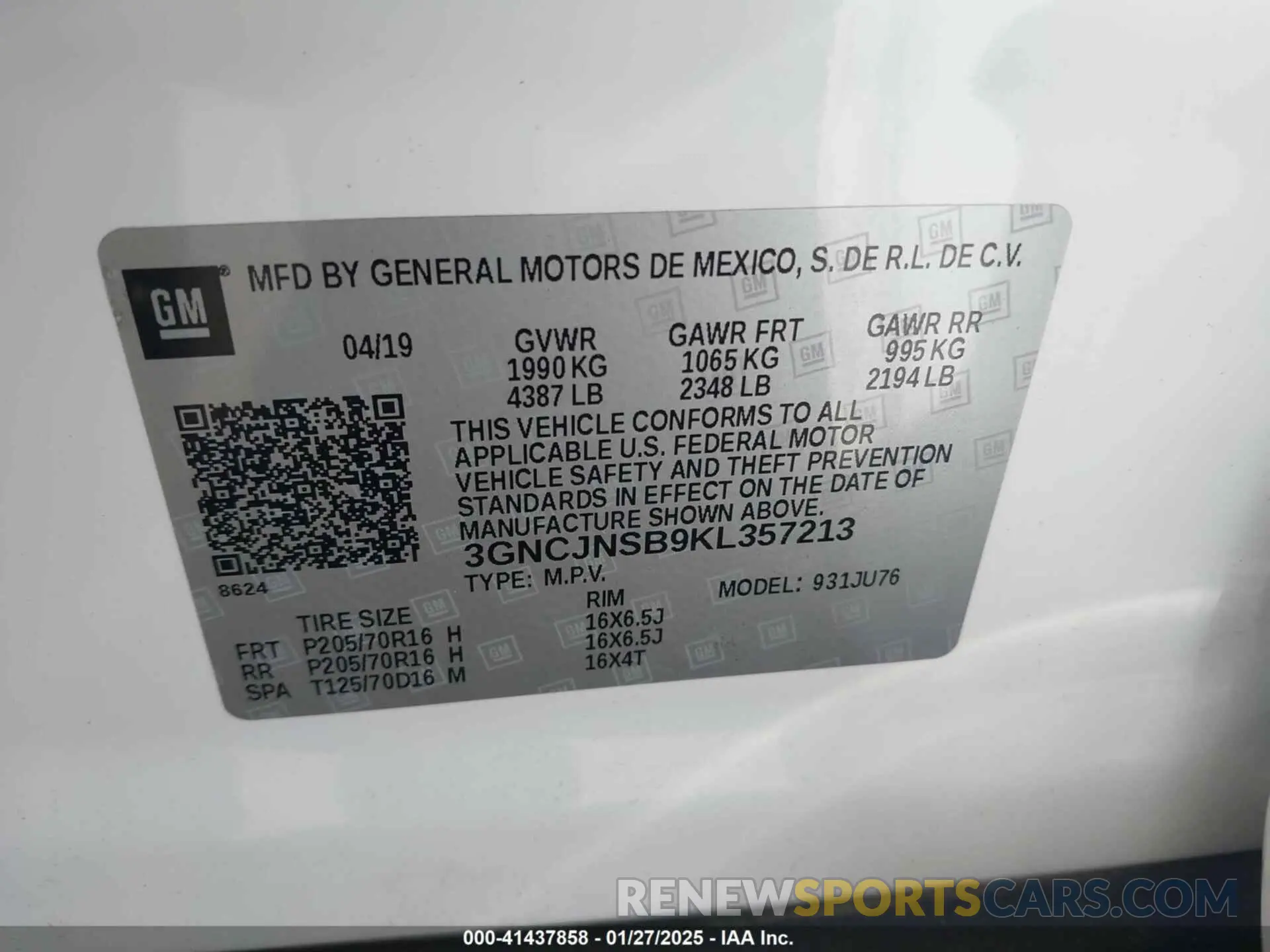 9 Photograph of a damaged car 3GNCJNSB9KL357213 CHEVROLET TRAX 2019