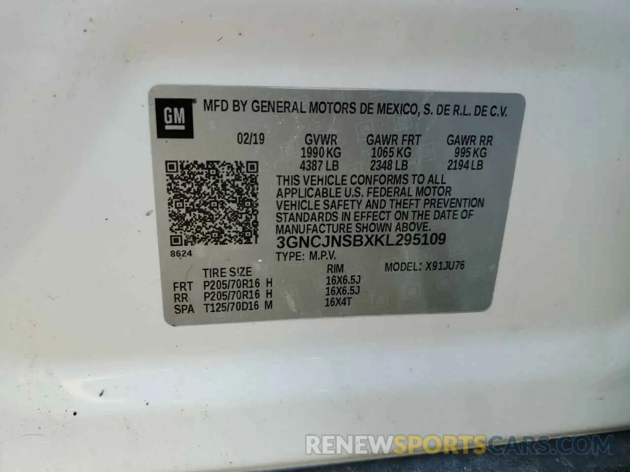 13 Photograph of a damaged car 3GNCJNSBXKL295109 CHEVROLET TRAX 2019