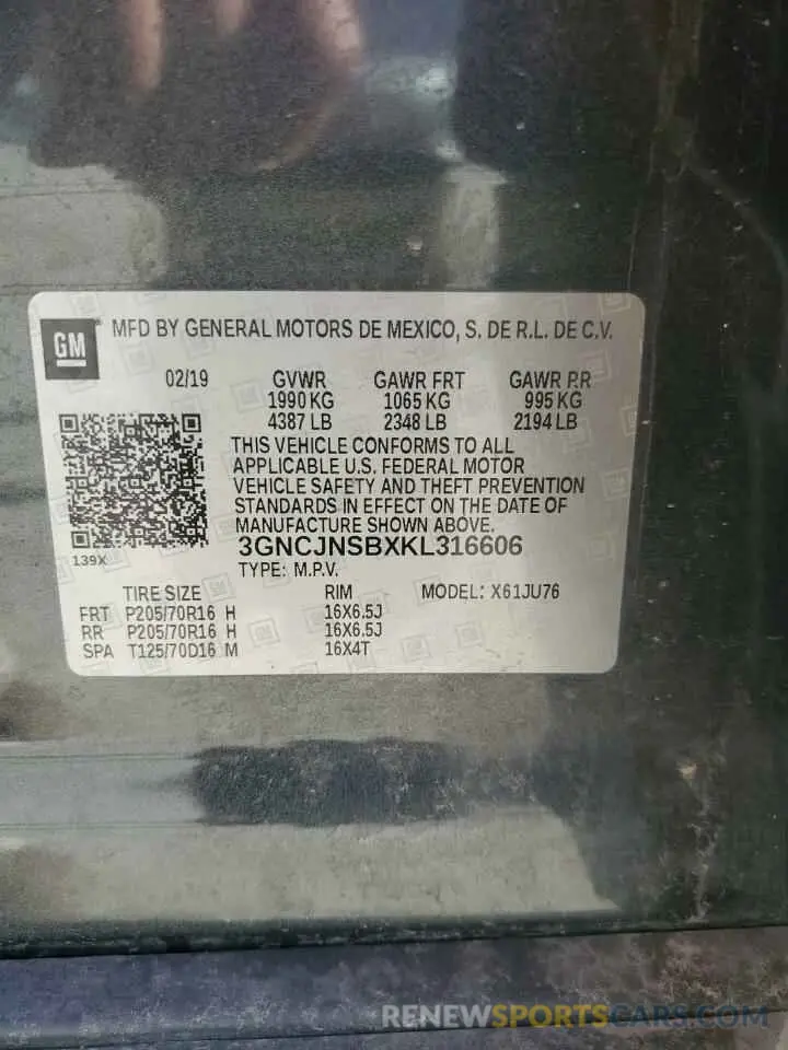 14 Photograph of a damaged car 3GNCJNSBXKL316606 CHEVROLET TRAX 2019