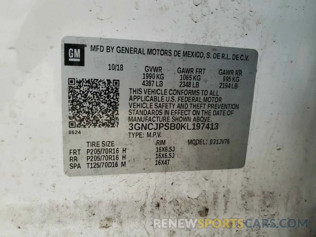 13 Photograph of a damaged car 3GNCJPSB0KL197413 CHEVROLET TRAX 2019