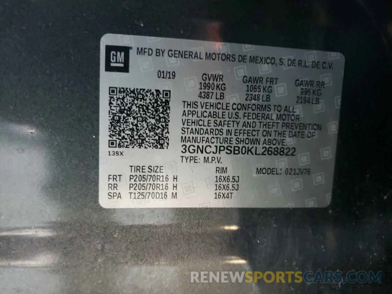13 Photograph of a damaged car 3GNCJPSB0KL268822 CHEVROLET TRAX 2019