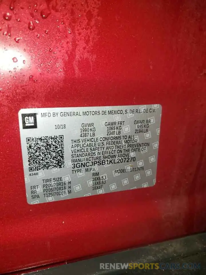 13 Photograph of a damaged car 3GNCJPSB1KL207270 CHEVROLET TRAX 2019