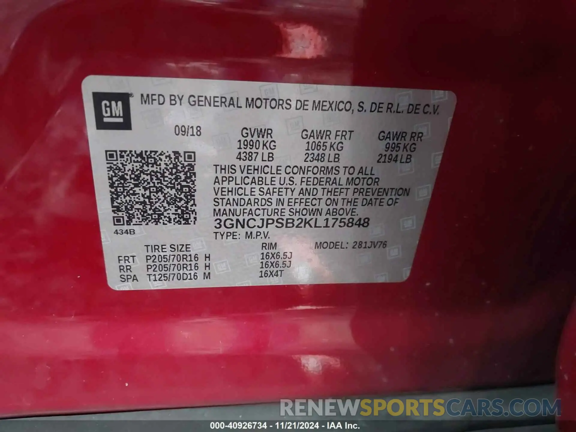 9 Photograph of a damaged car 3GNCJPSB2KL175848 CHEVROLET TRAX 2019