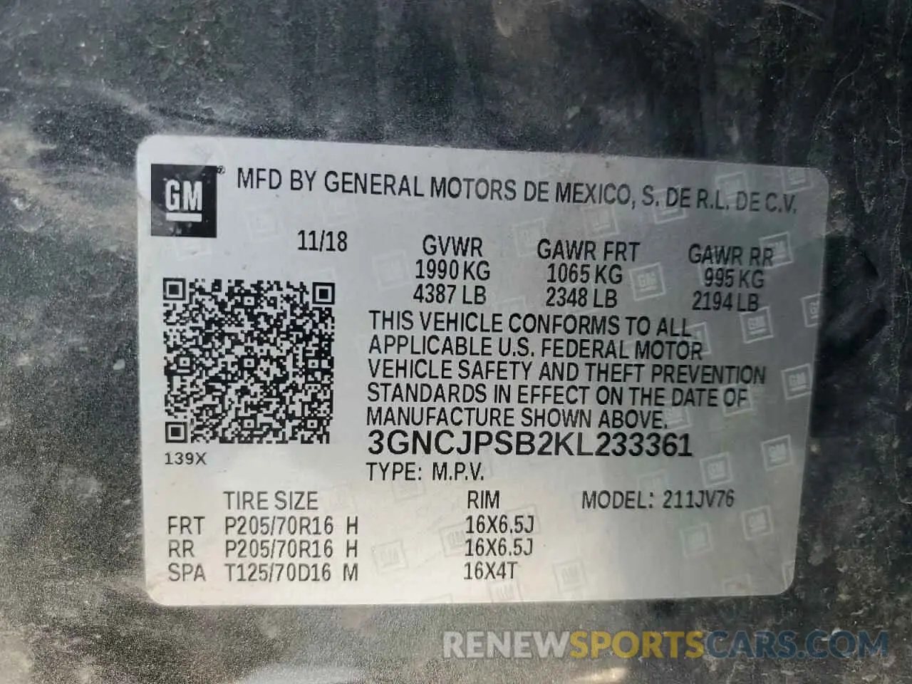 13 Photograph of a damaged car 3GNCJPSB2KL233361 CHEVROLET TRAX 2019