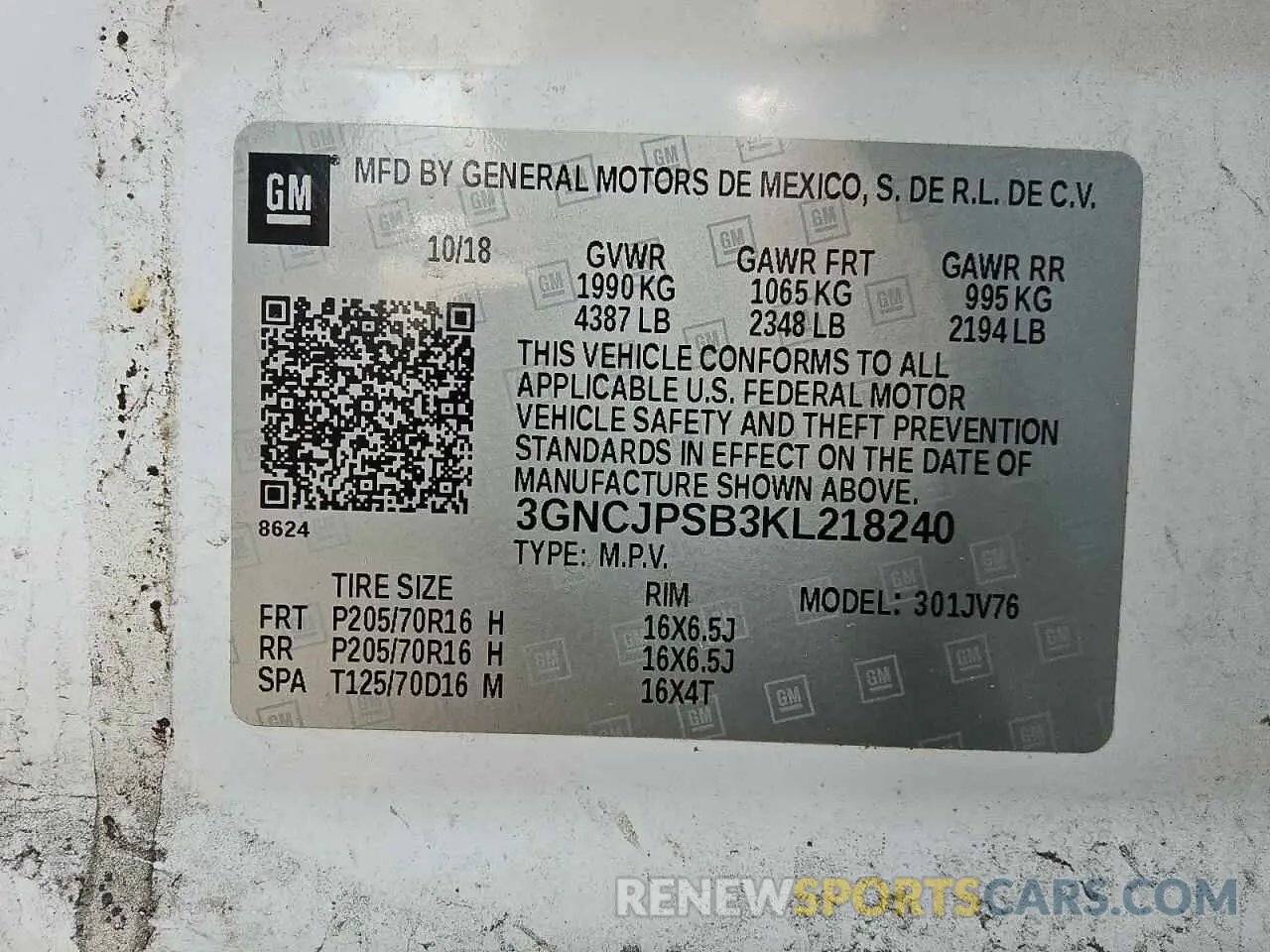 13 Photograph of a damaged car 3GNCJPSB3KL218240 CHEVROLET TRAX 2019