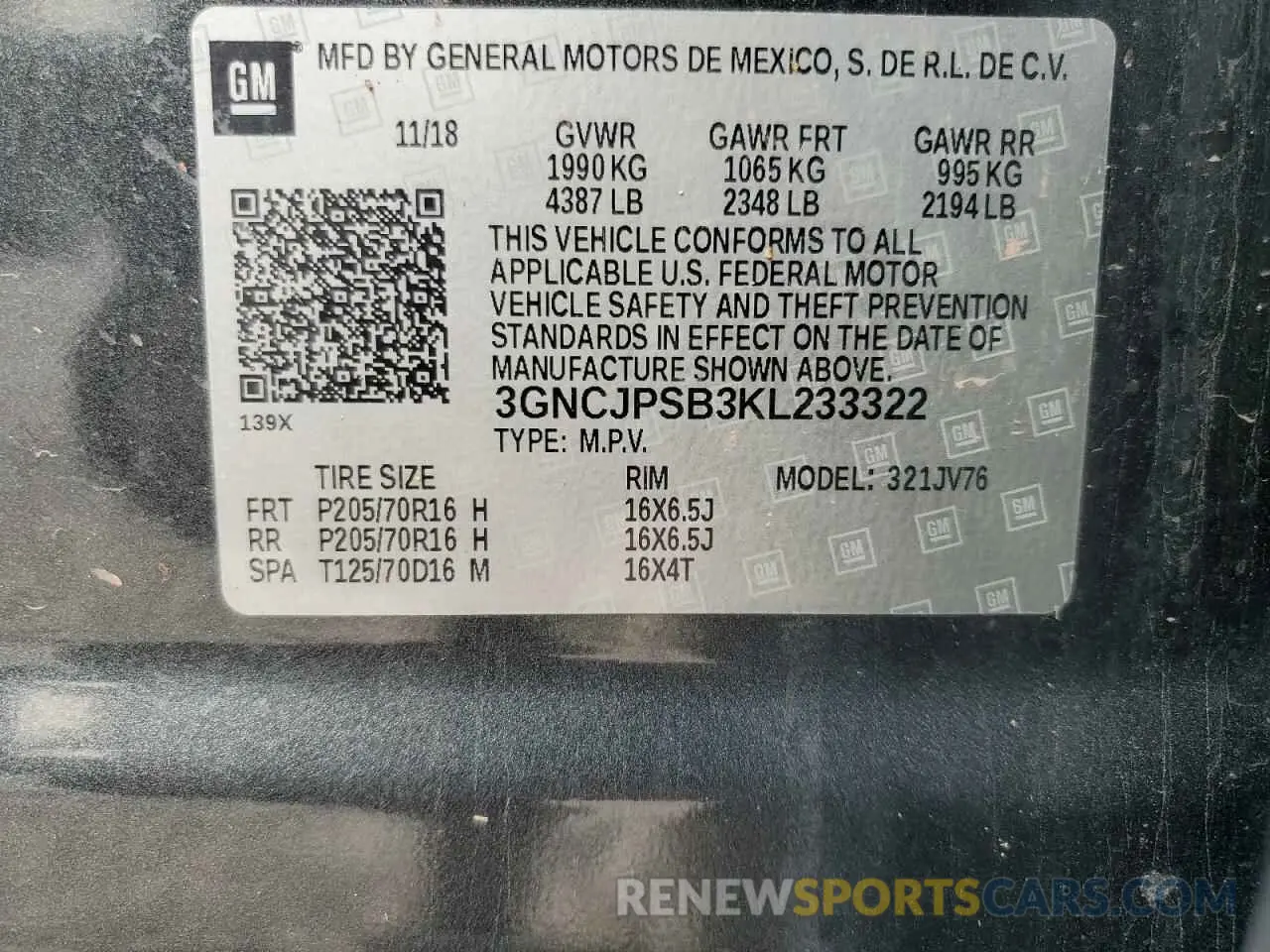 13 Photograph of a damaged car 3GNCJPSB3KL233322 CHEVROLET TRAX 2019