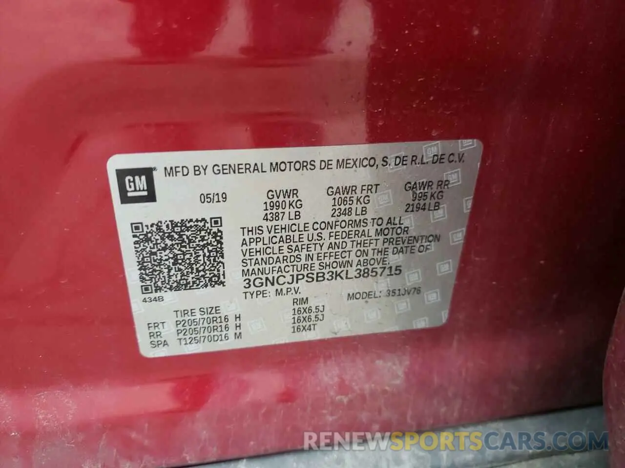 13 Photograph of a damaged car 3GNCJPSB3KL385715 CHEVROLET TRAX 2019