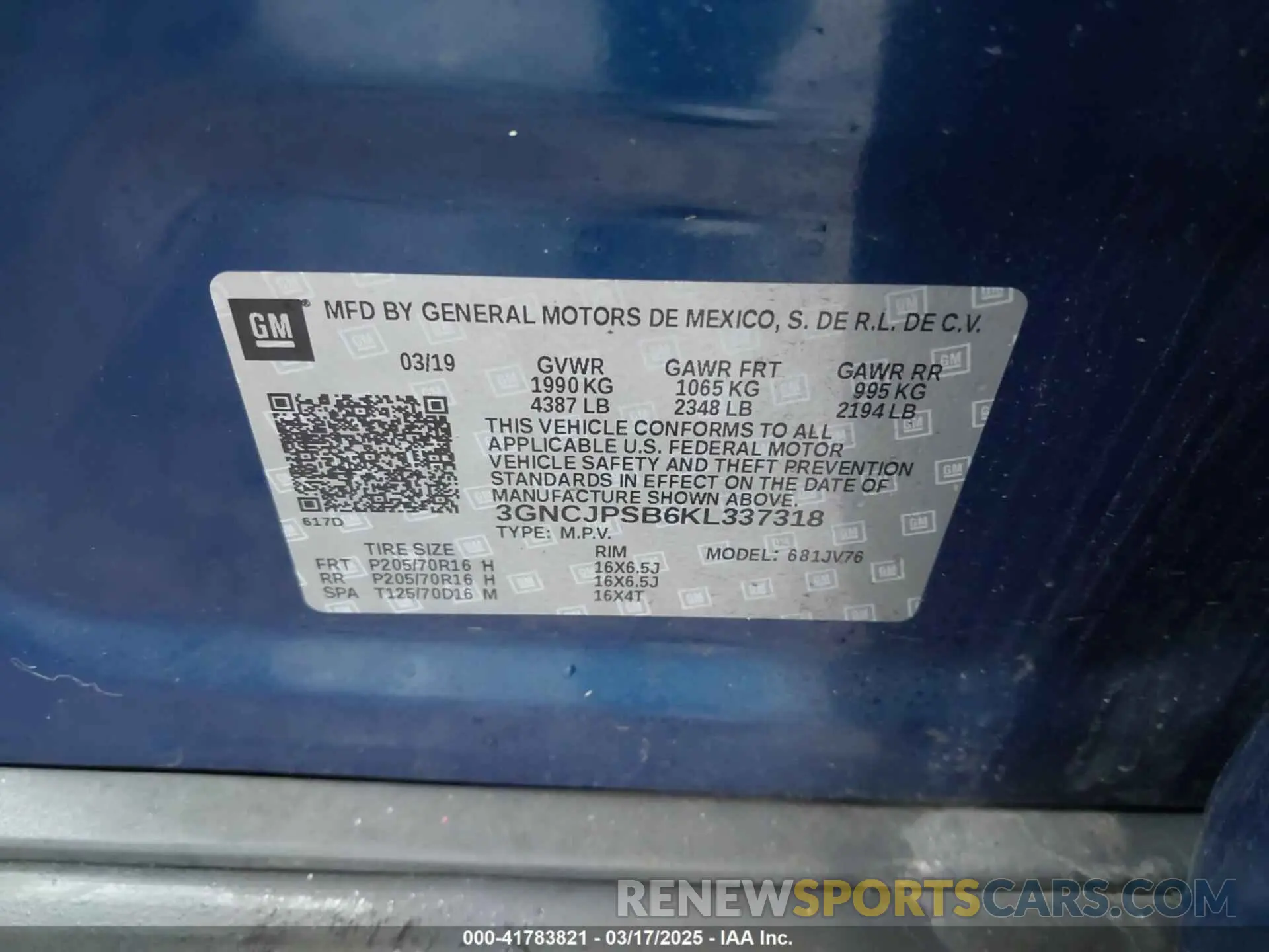 9 Photograph of a damaged car 3GNCJPSB6KL337318 CHEVROLET TRAX 2019