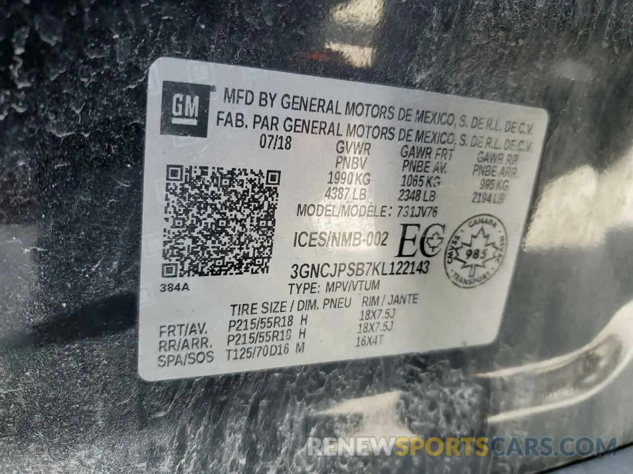 13 Photograph of a damaged car 3GNCJPSB7KL122143 CHEVROLET TRAX 2019
