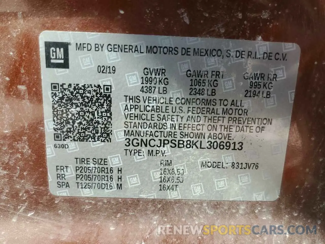 14 Photograph of a damaged car 3GNCJPSB8KL306913 CHEVROLET TRAX 2019