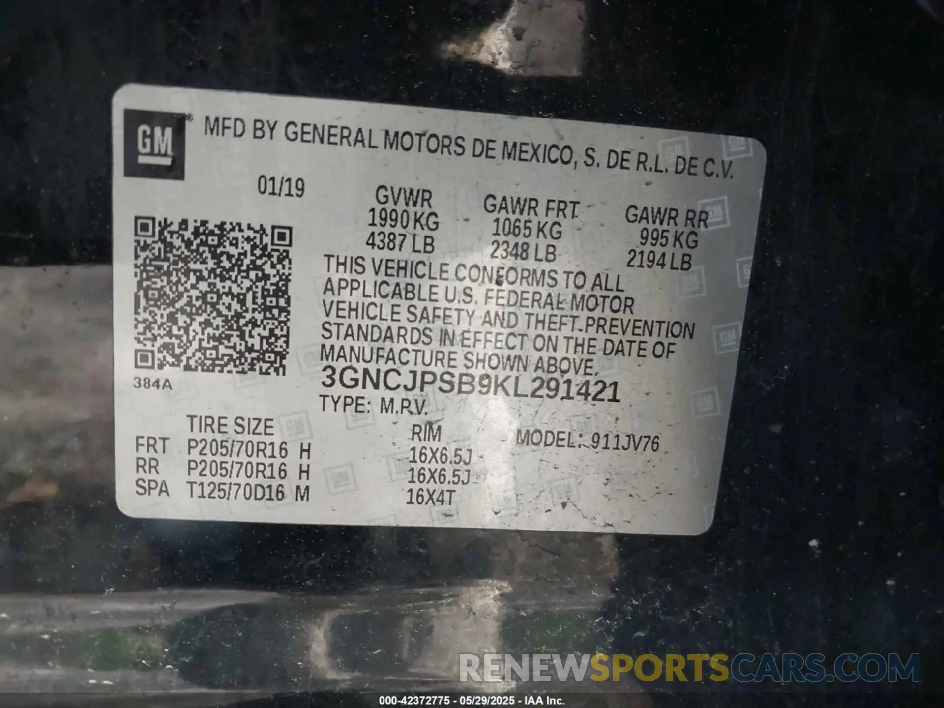 9 Photograph of a damaged car 3GNCJPSB9KL291421 CHEVROLET TRAX 2019