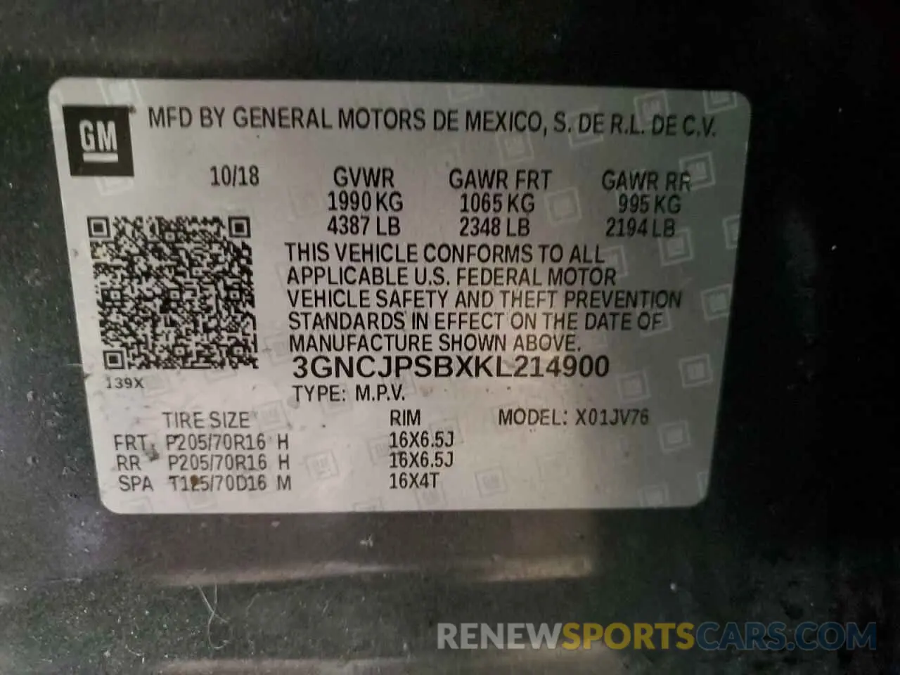 14 Photograph of a damaged car 3GNCJPSBXKL214900 CHEVROLET TRAX 2019
